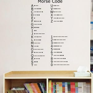 May include: A black wall decal featuring the Morse Code alphabet and numbers zero through nine. The chart displays each letter and digit alongside its corresponding sequence of dots and dashes, arranged in two columns on a plain white surface.