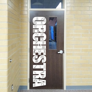 May include: A dark brown door featuring a large white vertical decal that spells the word ORCHESTRA. The letters are filled with various musical icons, including instruments, musical notes, a conductor, and a music stand, in a white line art style.