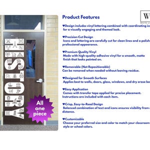 a door with a large text design on it, which includes the words "DESIGN", "PRODUCT FEATURES", and "PREcision Cut Design" among other text elements.