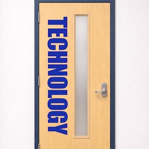 May include: A wooden door with a blue frame and the word "TECHNOLOGY" in blue capital letters. The door has a narrow glass panel and a silver handle. The door is set against a white wall.