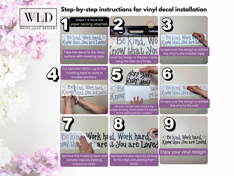 The image is a step-by-step guide for installing a vinyl decal, providing instructions on how to attach the decal to a surface using masking tape and how to remove the decal after installation.