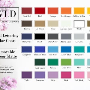 The image is a color chart for vinyl lettering, displaying various colors and their corresponding names.