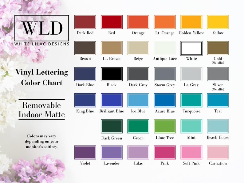 The image is a color chart for vinyl lettering, displaying various colors and their corresponding names.