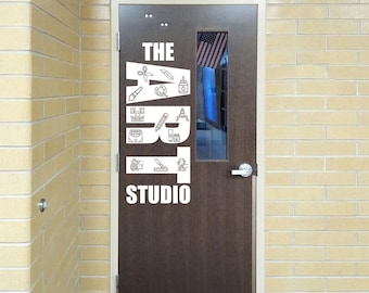 Art Studio Door Vinyl Decal with Art Icons | Large Creative Space Door Sign | Colorful School or Home Studio Decor | Private Art Studio