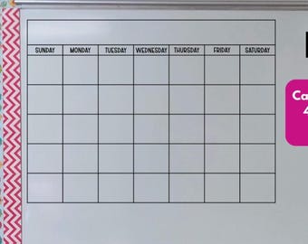 May include: A white dry-erase calendar board featuring a black grid with seven columns labeled Sunday through Saturday. The board has a large blank header space and a red and white chevron border along the left side, with a pink rectangular graphic.