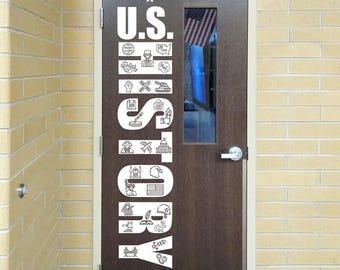 U.S. History Classroom Door Vinyl Decal with Patriotic Icons | Large Teacher Door Sign | Social Studies Decor | United States History Decal