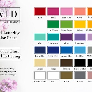 The image is a color chart for outdoor vinyl lettering, displaying various colors and their names.