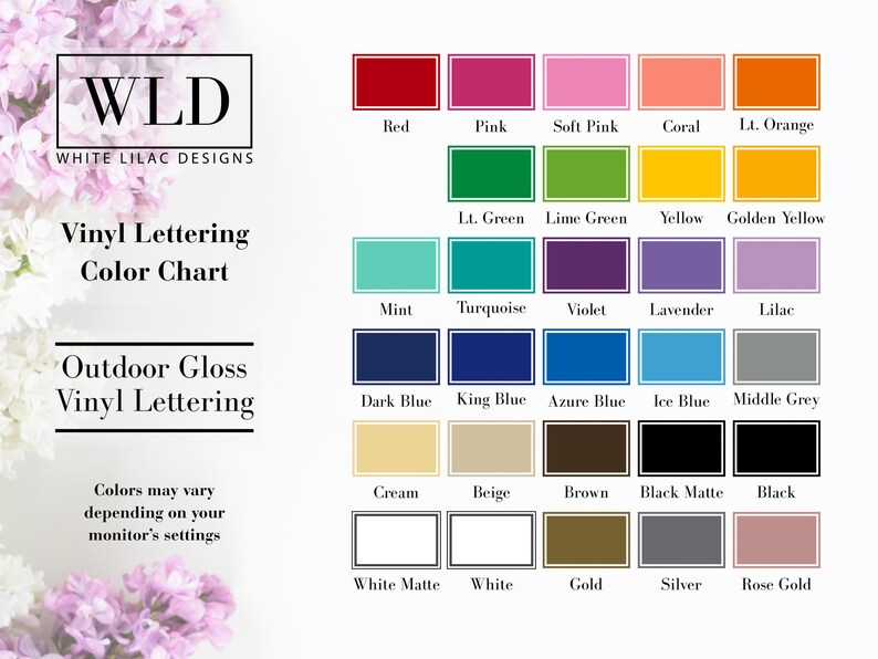 The image is a color chart for outdoor vinyl lettering, displaying various colors and their names.