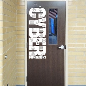 May include: A brown door with white graphics and the words "CYBER FOUNDATIONS". The graphics include icons of a keyboard, cloud, RAM, USB drive, laptop, SD card, USB cable, database, robot, and server.