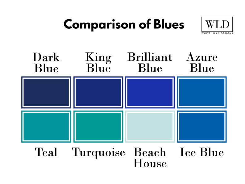 The image is a comparison of different shades of blue, with each shade labeled and arranged in a grid format.