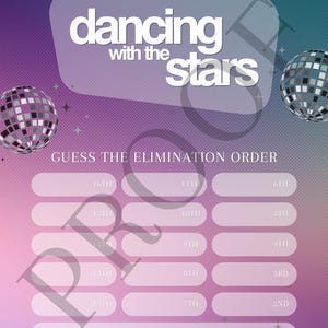 Puede incluir: Una hoja de juego de Dancing with the Stars con fondo degradado en morado y turquesa, gráficos de bolas de discoteca, el texto "GUESS THE ELIMINATION ORDER" y una cuadrícula de rectángulos redondeados vacíos etiquetados del 2º al 16º y Season 33 Winners.