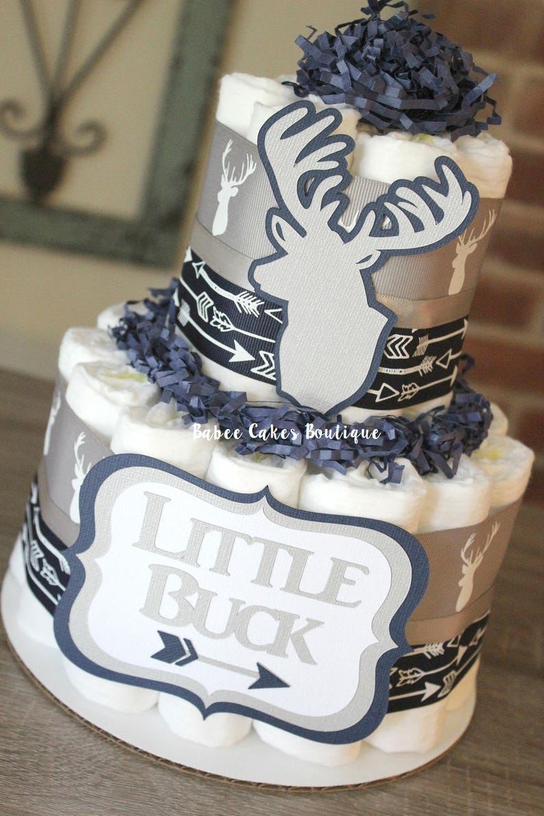 2 Tier Little Buck Diaper Cake Navy Gray Deer Baby Shower Winter Hunting Arrow Decor Centerpiece Grey