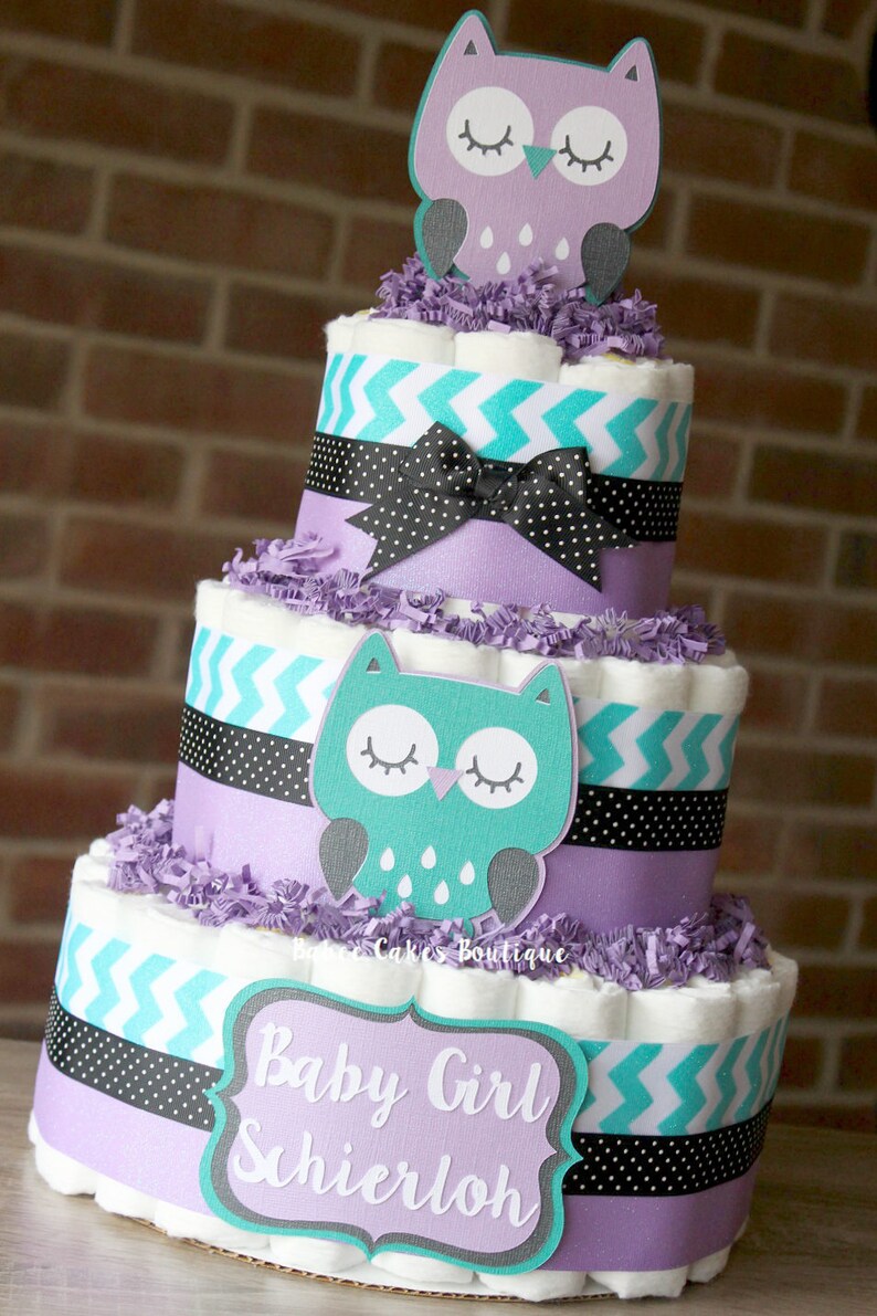 3 Tier Purple Teal And Black Owl Mini Diaper Cakes Girls Owl Etsy