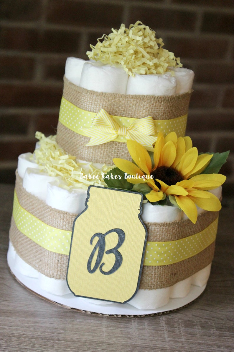2 Tier Burlap Mason Jar Sunflower Diaper Cake Fall Baby Shower Gender Neutral Decor Yellow Shabby Autumn