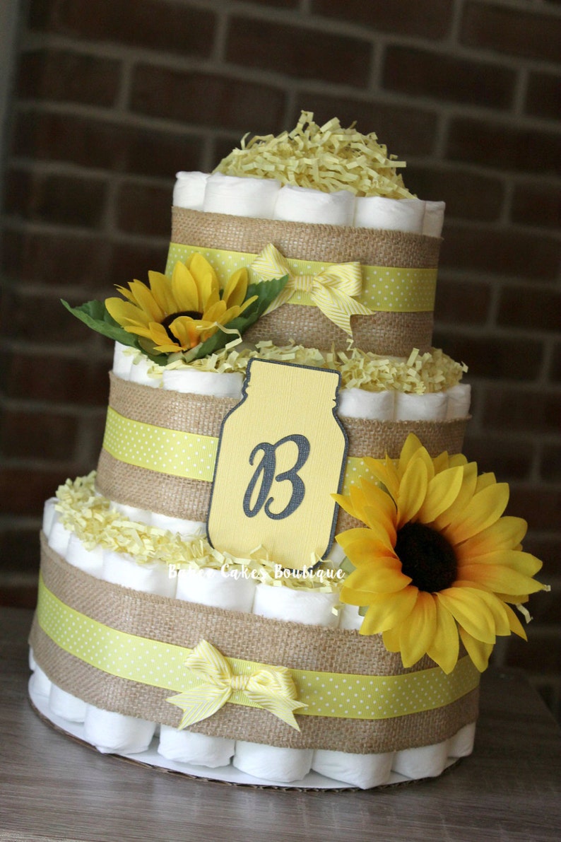 3 Tier Burlap Mason Jar Sunflower Diaper Cake Fall Baby Shower Gender Neutral Decor Yellow Shabby