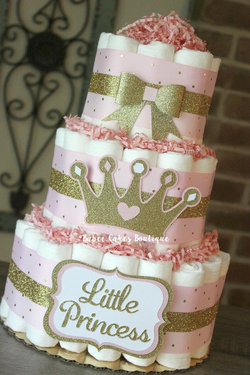3 Tier Pink And Gold Princess Diaper Cake Princess Baby Etsy
