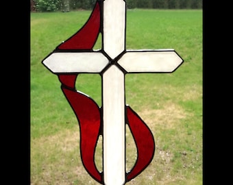 Stained Glass Christian Cross with Holy Spirit Flame