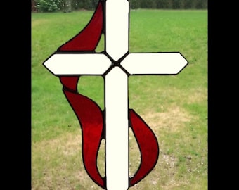 Stained Glass Christian Cross with Holy Spirit Flame