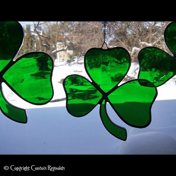 Irish Shamrock sun catcher GREEN stained glass handcrafted in Ireland crystals 