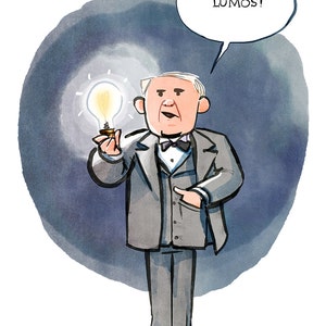 May include: A cartoon illustration of a man in a suit holding a light bulb and saying "LUMOS!" The man is standing in front of a dark blue background.