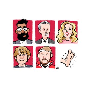 Może przedstawiać: Kapryśna ilustracja przedstawiająca sześć portretów z kreskówek na białym tle. Portrety obejmują mężczyznę z brodą i okularami, mężczyznę w garniturze, kobietę z blond włosami, młodego mężczyznę z kręconymi włosami, mężczyznę z brodą i opaską na głowie oraz stopę z napisem "GREG".