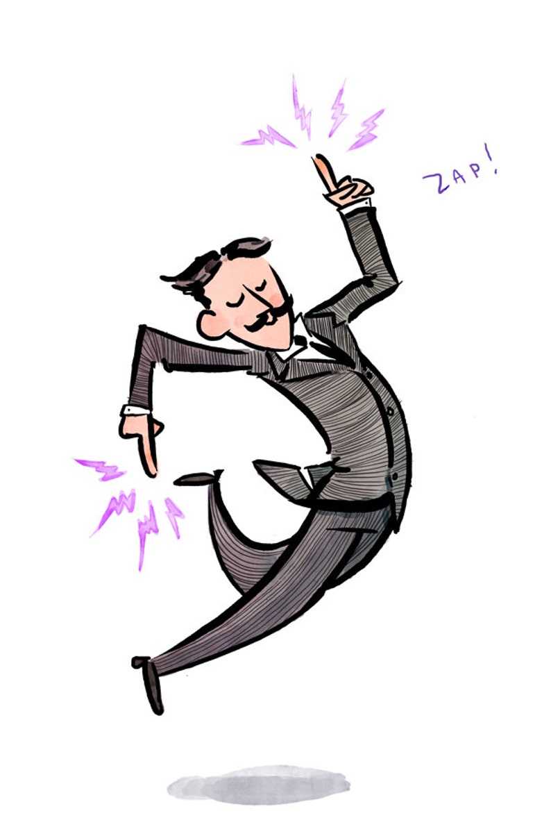 May include: A cartoon illustration of a man in a suit with a mustache, jumping in the air with his arms outstretched. Purple lightning bolts are coming from his fingertips and the text "ZAP!" is written in purple above him.