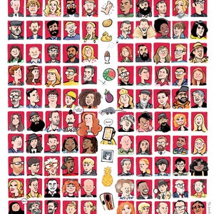 May include: A grid of numerous illustrated character portraits set against red backgrounds, interspersed with small icons including a cow, a balloon, a bathtub, a cat, a potato, a rubber duck, an egg, a watermelon, an eggplant, and a pineapple.