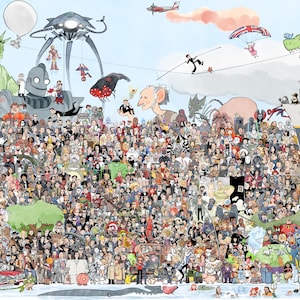 May include: A colorful illustration featuring a large crowd of cartoon characters and famous figures. The image includes the Statue of Liberty, a giant robot, a Martian war machine, and a variety of other characters from movies, television, and comics.