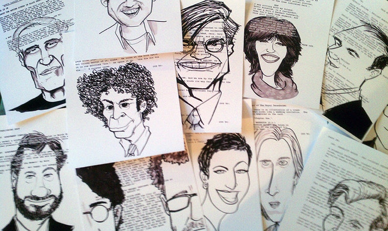 Puede incluir: Una colecci&oacute;n de dibujos de caricatura en blanco y negro de caras de personas en papel blanco con texto impreso en el fondo.