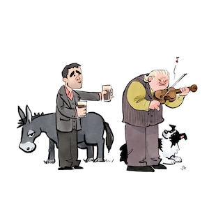Könnte beinhalten: Eine Cartoon-Illustration von zwei Männern, einer hält ein Glas Bier und der andere spielt Geige. Ein Esel und ein Hund sind ebenfalls in der Illustration.