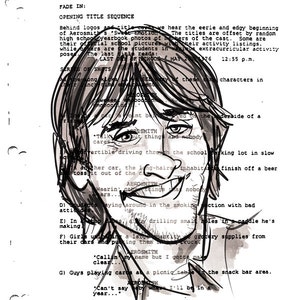 Puede incluir: Una ilustraci&oacute;n en blanco y negro de la cara de un hombre con una sonrisa traviesa. El hombre tiene el pelo largo y oscuro y lleva una camisa negra. La ilustraci&oacute;n est&aacute; sobre un fondo de texto que incluye las palabras "Aerosmith" y "Sweet Emotion".