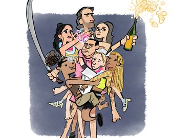 May include: A group of seven people, some holding a bottle of champagne, are piled on top of each other. One person is holding a sword. The group is drawn in a cartoon style with a blue background.