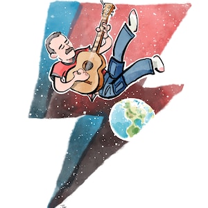 May include: A cartoon illustration of a person playing a guitar in space. The person is floating in front of a blue and red lightning bolt with stars. A small blue and green planet is visible in the background.