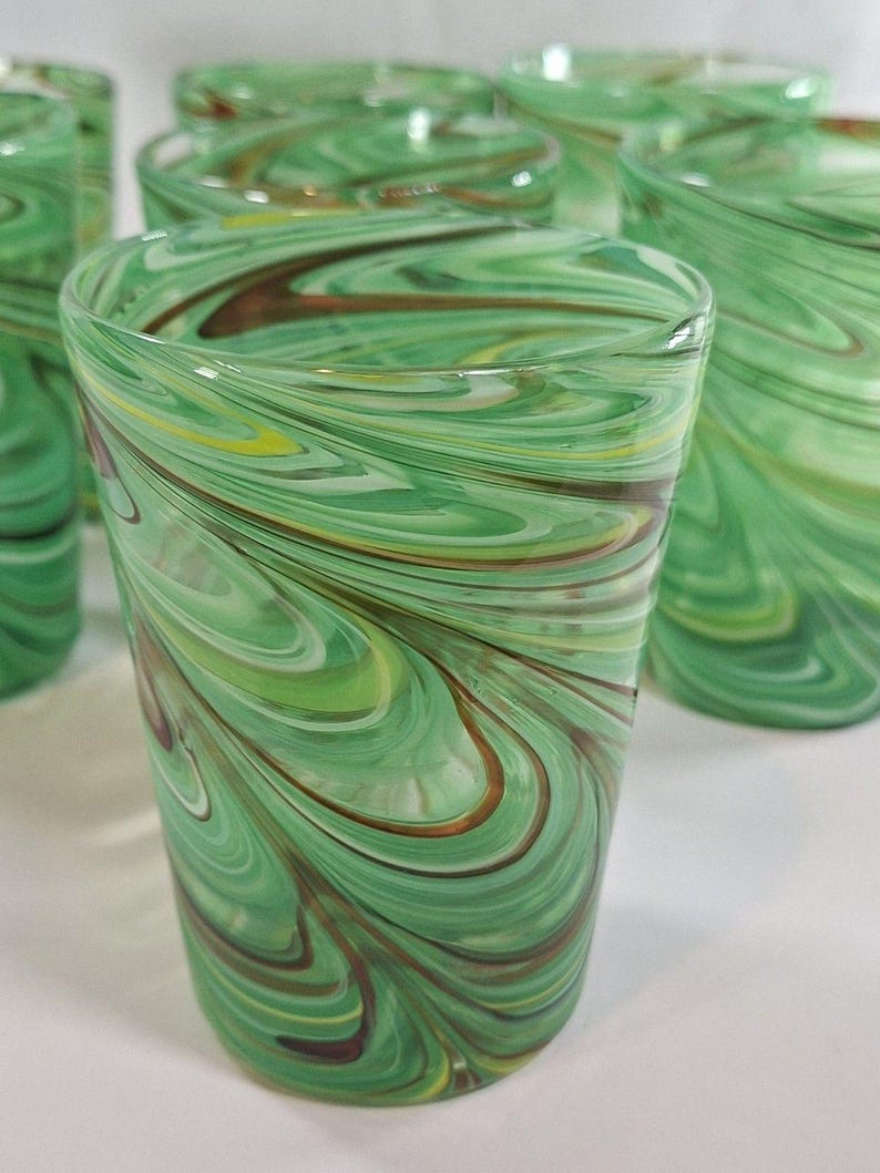 Retired ANTHROPOLOGIE Artisan 7 PC Green Swirl Hand Blown Glasses #1199077 New image 13