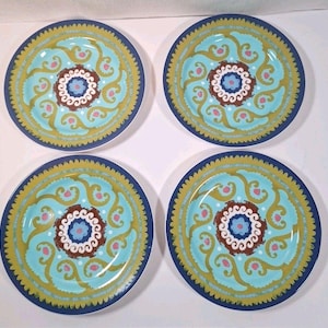 ANTHROPOLOGIE Folk Art Teal Green Artisan Designed Plate 8" #14638963 Qty 4 Ret image 1