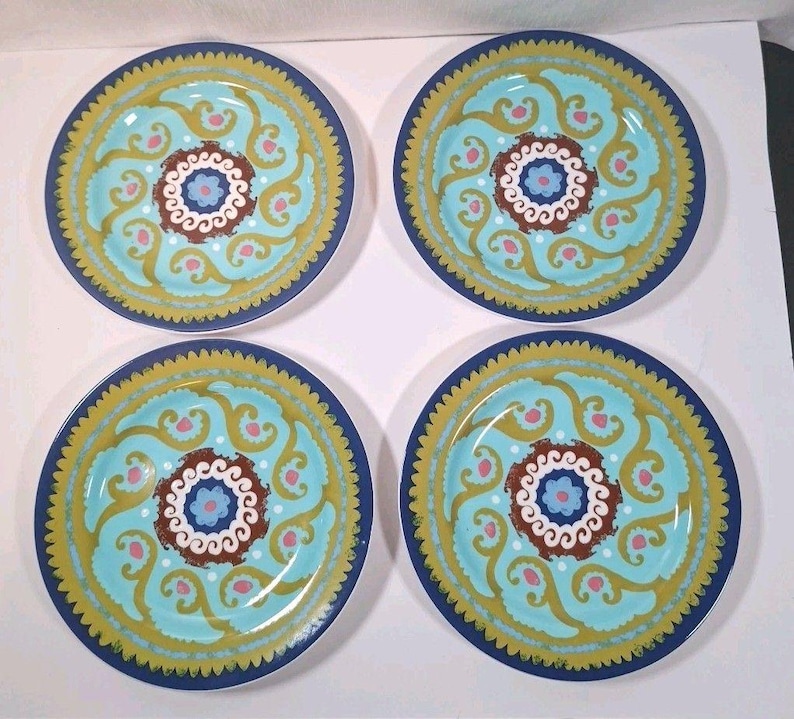 ANTHROPOLOGIE Folk Art Teal Green Artisan Designed Plate 8" #14638963 Qty 4 Ret image 1