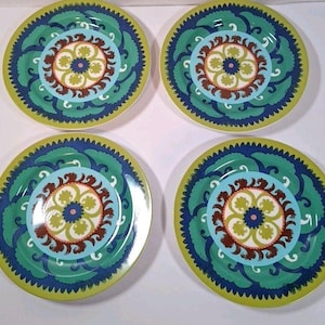 ANTHROPOLOGIE Folk Art Green Blue Artisan Designed Plate 8" #15586962 Qty 4 Ret bild 1