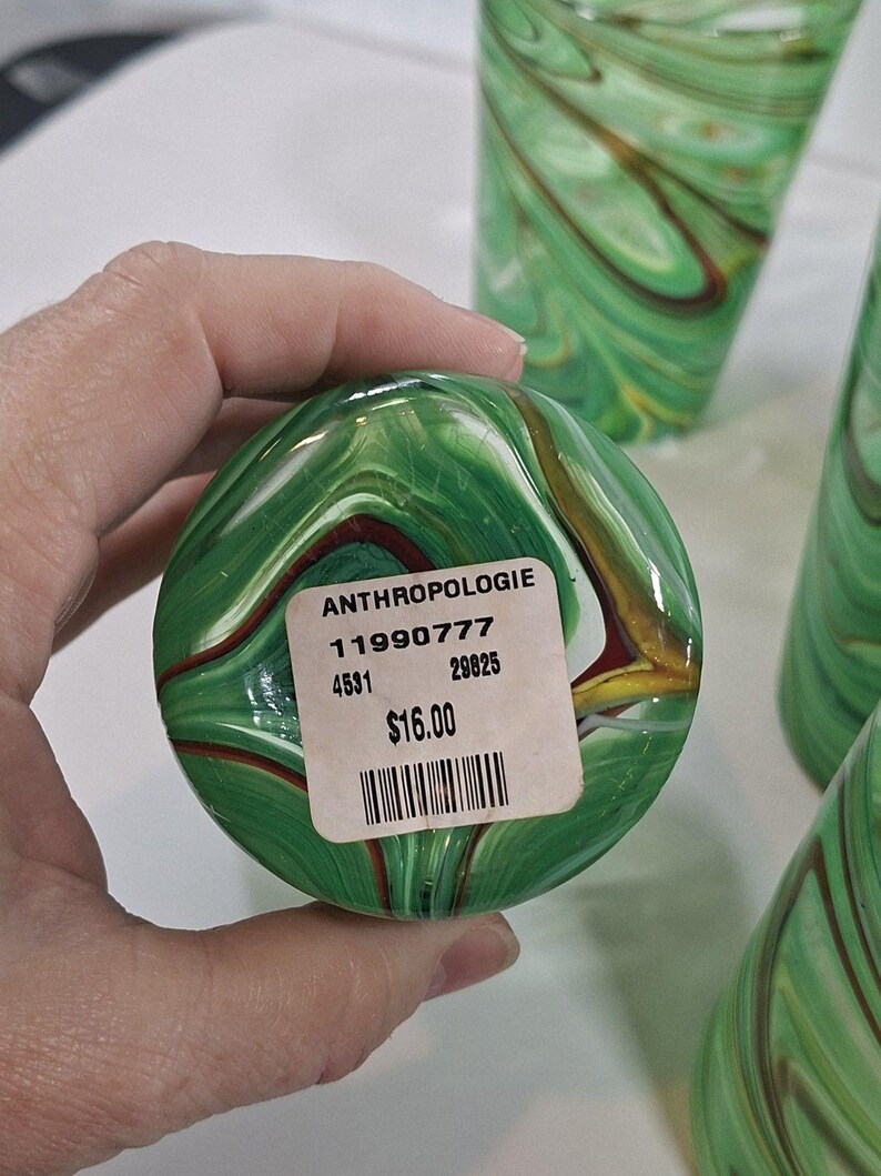Retired ANTHROPOLOGIE Artisan 7 PC Green Swirl Hand Blown Glasses #1199077 New image 12