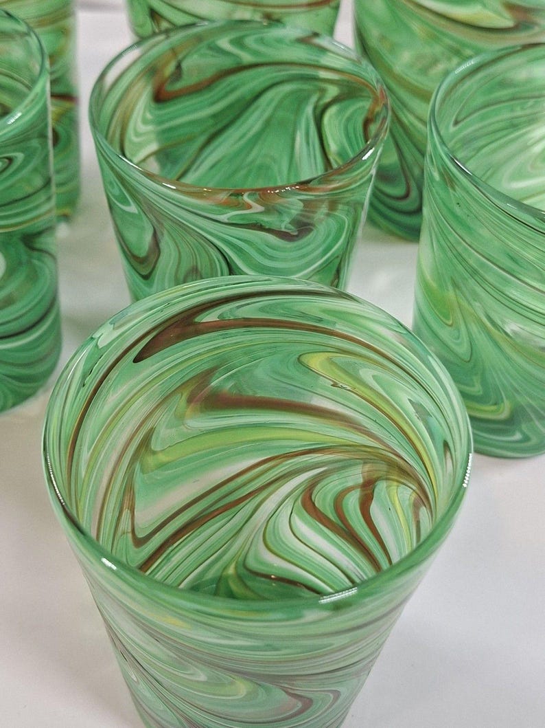 Retired ANTHROPOLOGIE Artisan 7 PC Green Swirl Hand Blown Glasses #1199077 New image 11