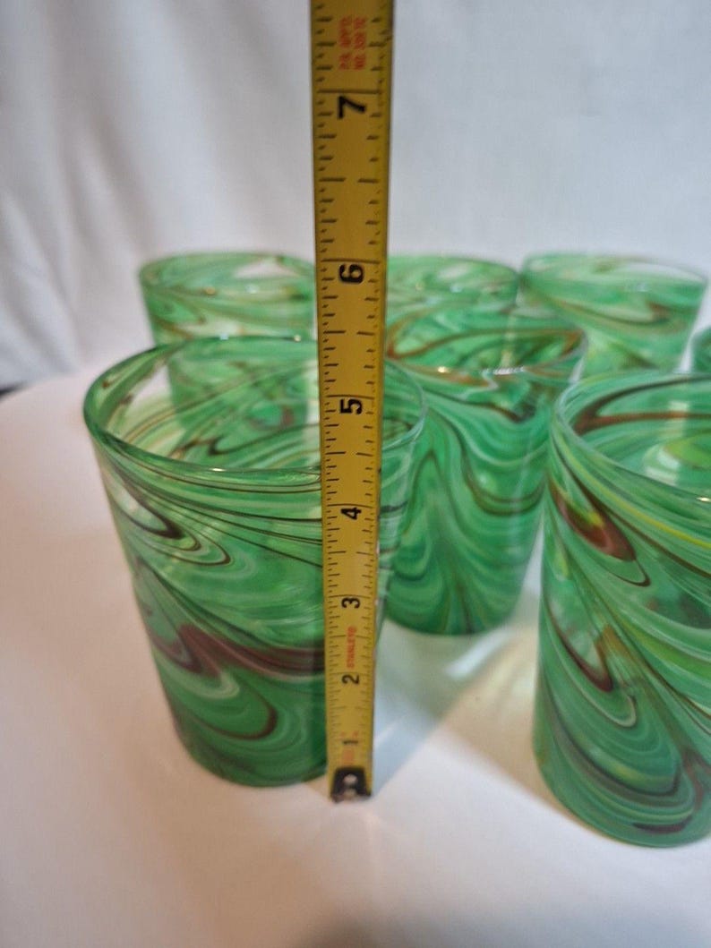 Retired ANTHROPOLOGIE Artisan 7 PC Green Swirl Hand Blown Glasses #1199077 New image 7