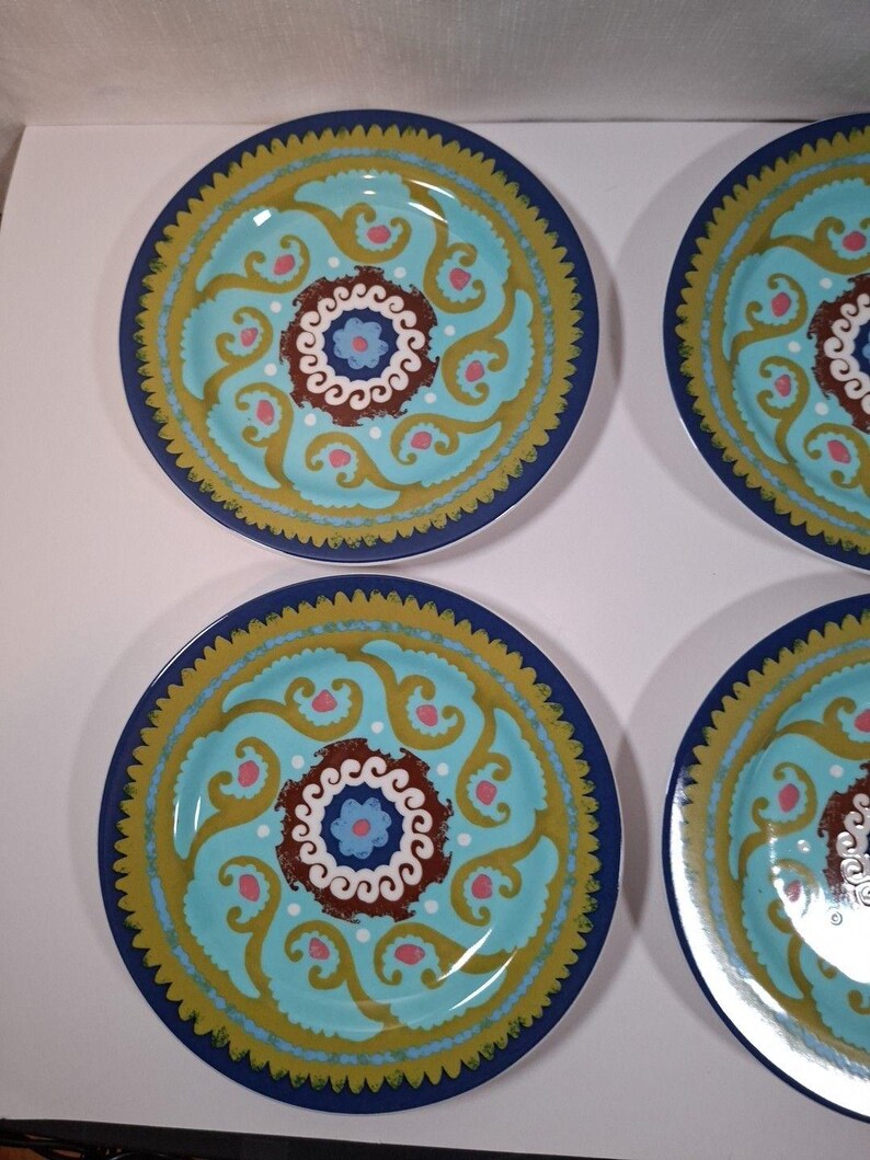 ANTHROPOLOGIE Folk Art Teal Green Artisan Designed Plate 8" #14638963 Qty 4 Ret image 2