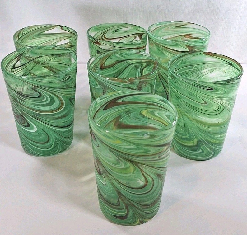 Retired ANTHROPOLOGIE Artisan 7 PC Green Swirl Hand Blown Glasses #1199077 New image 1