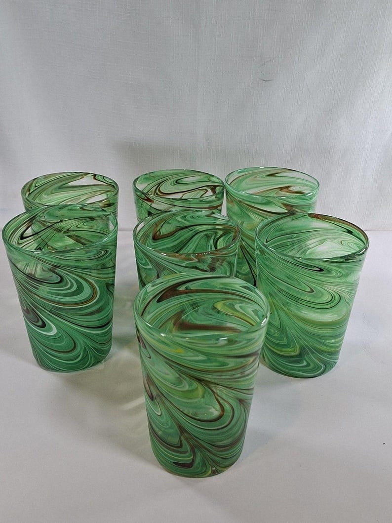Retired ANTHROPOLOGIE Artisan 7 PC Green Swirl Hand Blown Glasses #1199077 New image 14