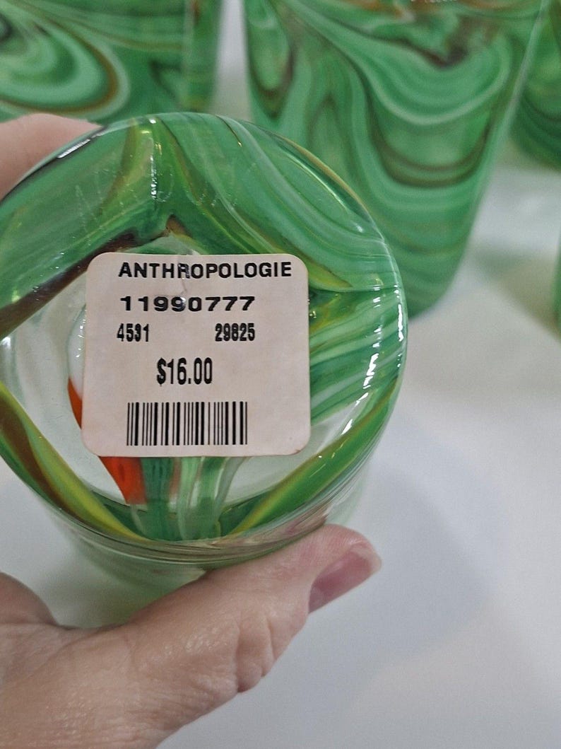 Retired ANTHROPOLOGIE Artisan 7 PC Green Swirl Hand Blown Glasses #1199077 New image 9