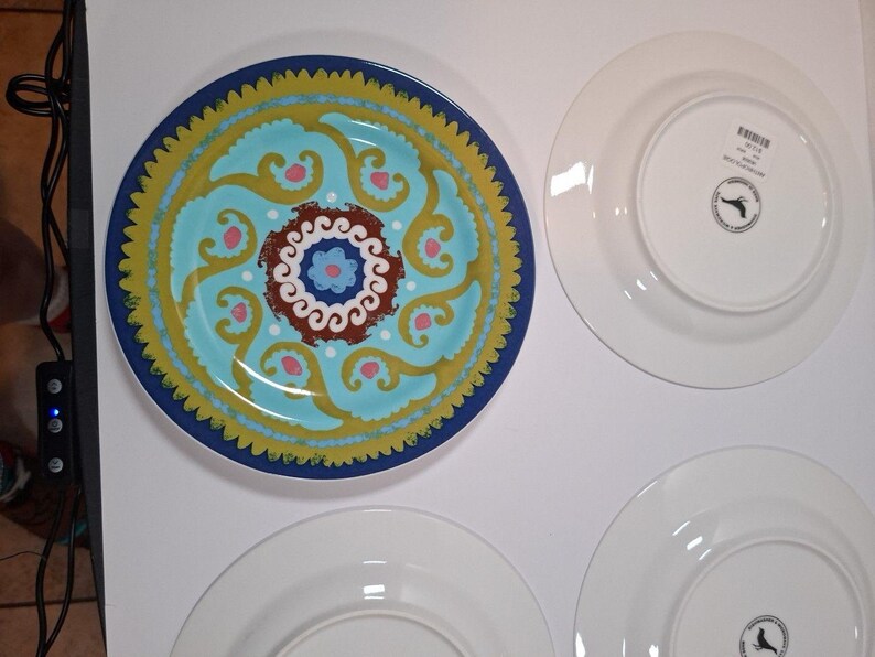 ANTHROPOLOGIE Folk Art Teal Green Artisan Designed Plate 8" #14638963 Qty 4 Ret image 6