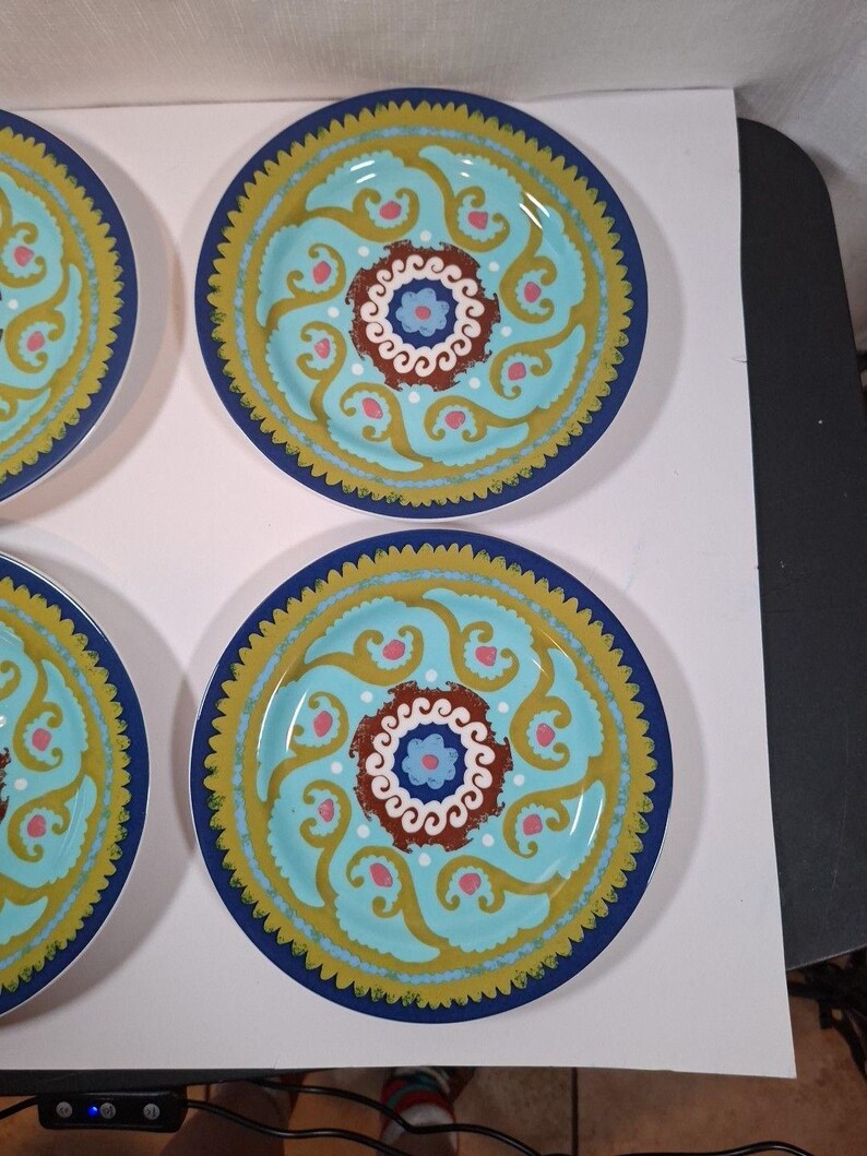 ANTHROPOLOGIE Folk Art Teal Green Artisan Designed Plate 8" #14638963 Qty 4 Ret image 3