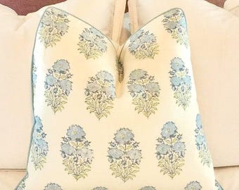 Lisa Fine Mughal Flower pillow cover, lumbar, bolster pillow with light blue piping