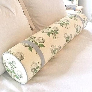 Bowood cotton chintz bolster Green-grey/white-leaf/pink-leaf with light blue tape/piping and a Dacron-wrapped Foam bolster insert