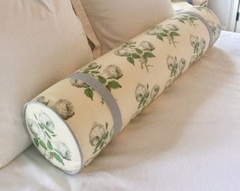 Bowood cotton chintz bolster Green-grey/white-leaf/pink-leaf with light blue or green tape/piping and a Dacron-wrapped Foam bolster insert