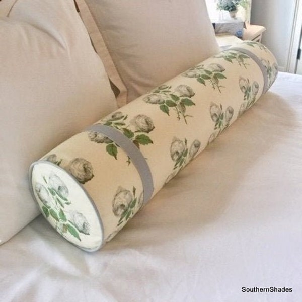 Bowood cotton chintz bolster Green-grey/white-leaf/pink-leaf with light blue or green tape/piping and a Dacron-wrapped Foam bolster insert